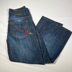 Rocawear Streetwear Mens Straight Leg Dark Wash Denim Jeans Blue Embroidered 32